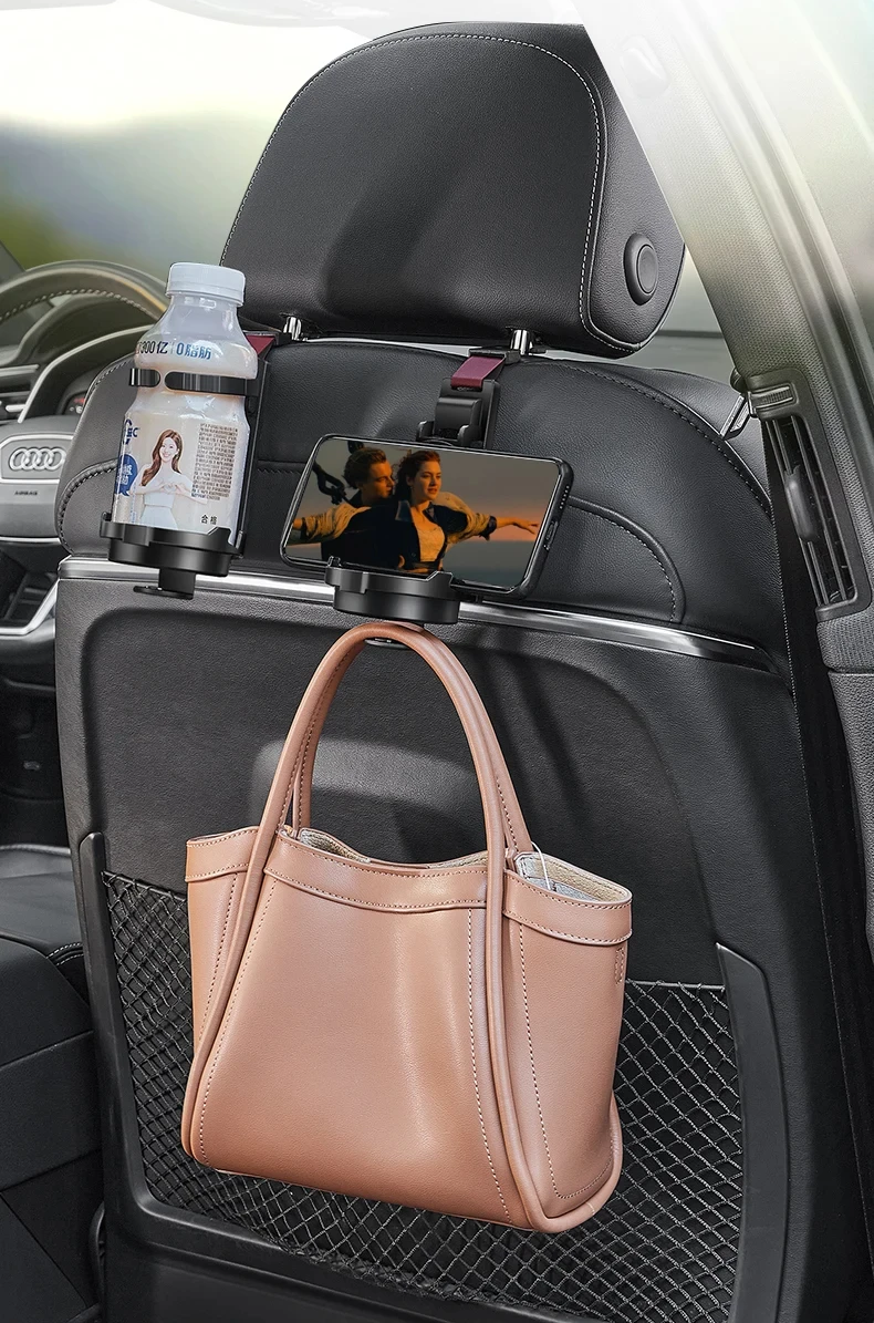 Car Seat Headrest Hook With Cup Holder Multi-Functional Organizer