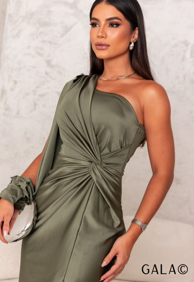 Gala One Shoulder Pleated Dress With Long Sleeve Elegant Design