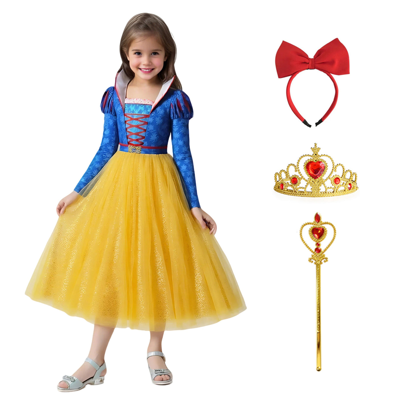 Kids Princess Dress Long Sleeve Puff Ball Gown With Crown Cosplay