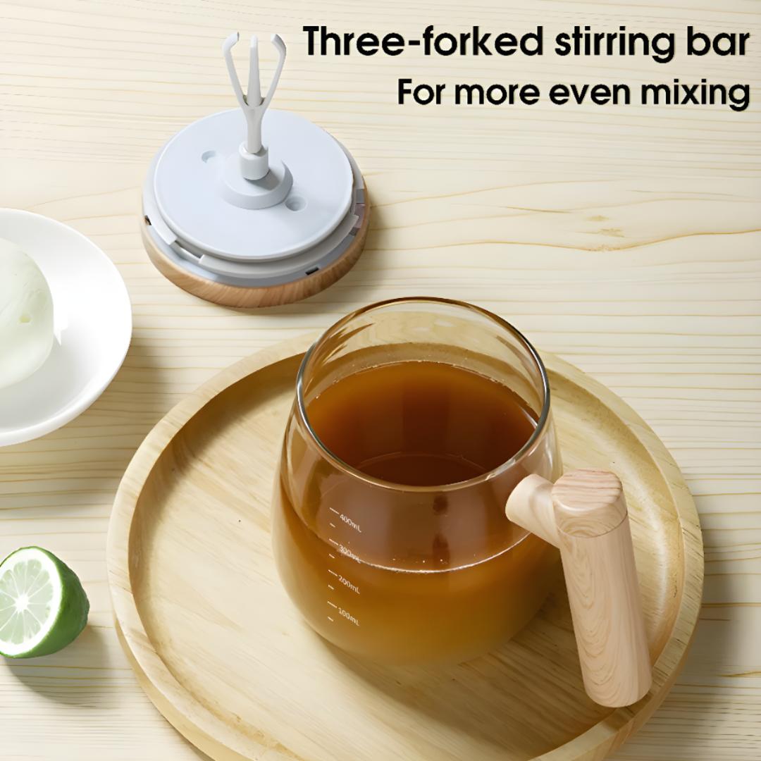 Self Stirring Coffee Mug With Stylish Wooden Handle Design