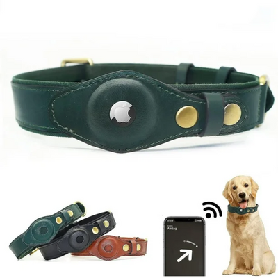Leather AirTag Dog Collar Durable Adjustable Genuine Leather Pet Collar