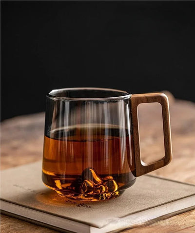 Guanshan Large Glass Cup With Wooden Handle For Coffee Tea Juice
