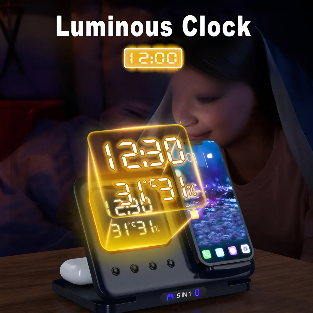 Wireless Charging Station With Digital Clock And USB Ports