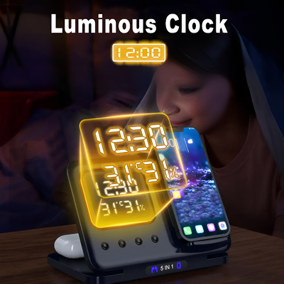 Wireless Charging Station With Digital Clock And USB Ports