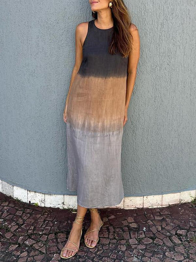 Women's Casual Sleeveless Cotton Linen Dress Long Tie-dye Gradient Slit