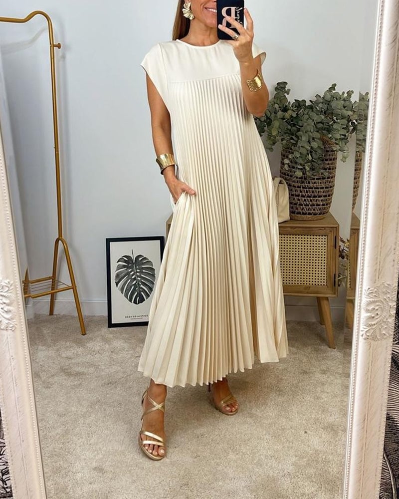 Sleeveless Pleated Dress Solid Color Elegant Simple Design
