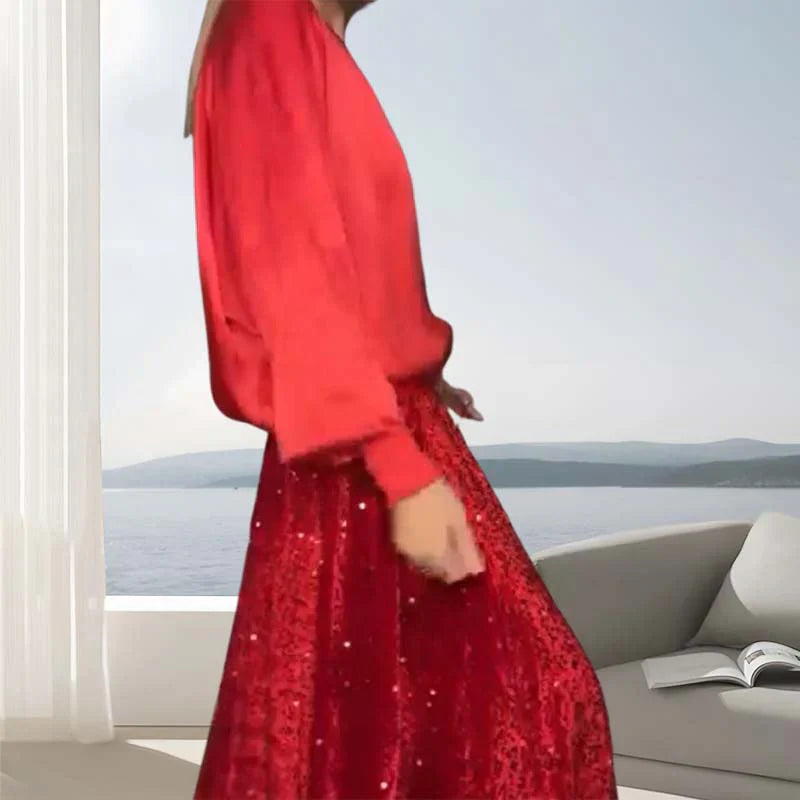 Women's Sequin Maxi Skirt Two-Piece Set Long Sleeve Top