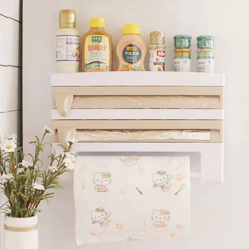 Plastic Wrap Dispenser 4 In 1 Kitchen Roll Holder Organizer
