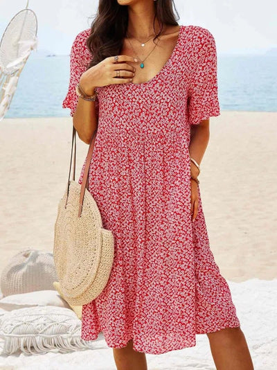 Women Floral Midi Dress Loose Fit Round Neck Elegant Design