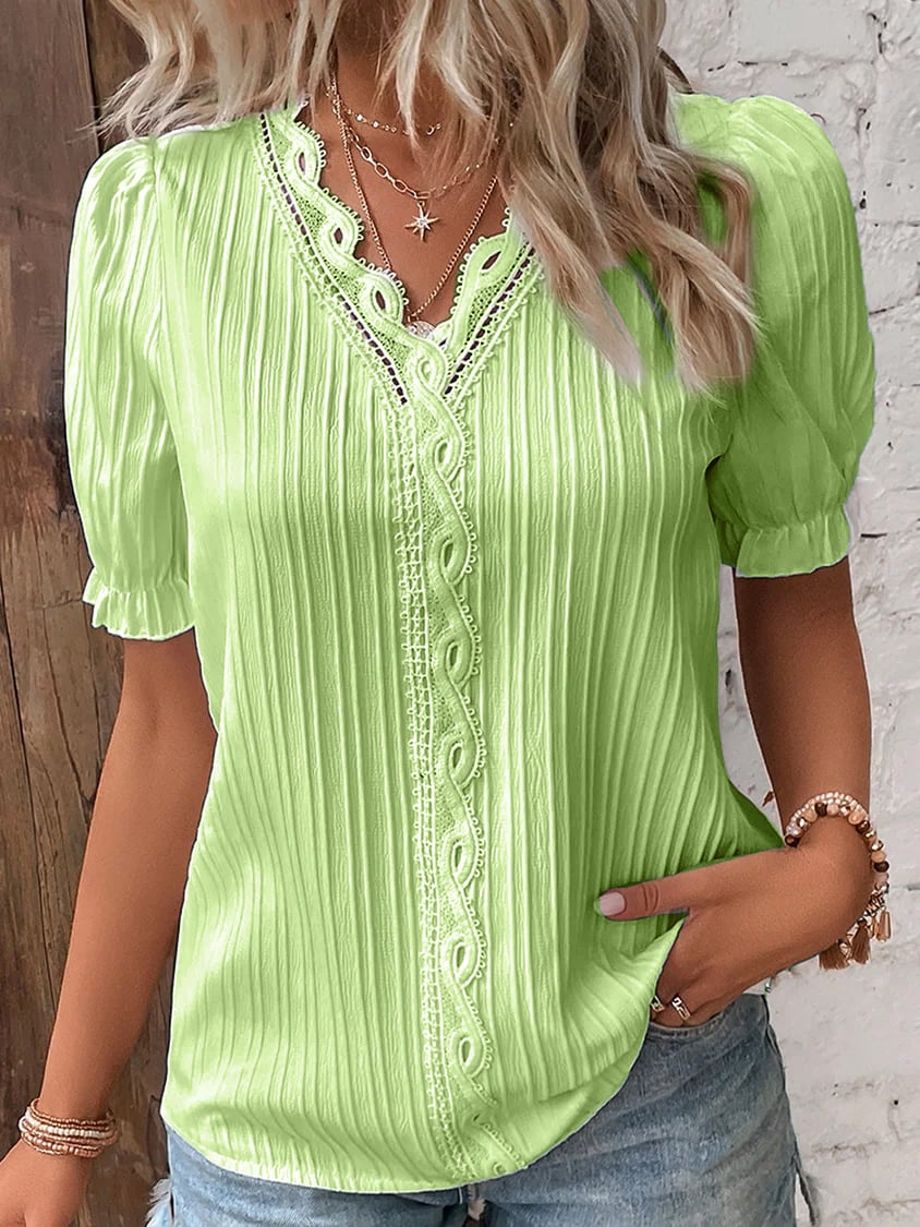 V Neck Lace Shirt Elegant Plain Stylish Women's Top