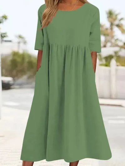Women's Casual Cotton Dress Smocked Pocket Crew Neck Outdoor