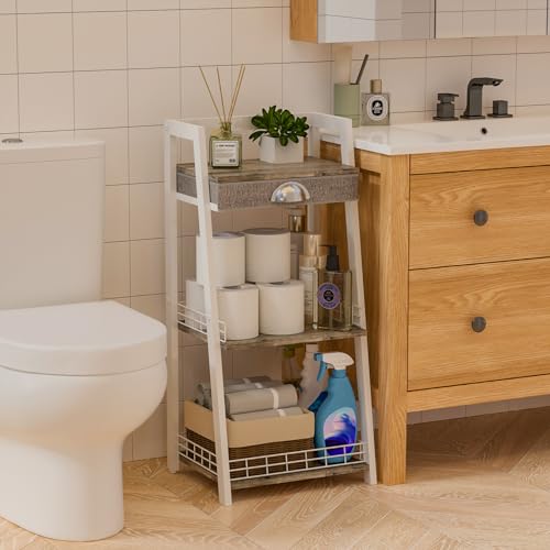 Bathroom Ladder Shelf With Drawer Floor Storage Organizer