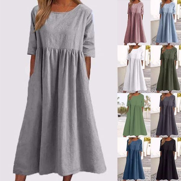 Women's Casual Cotton Dress Smocked Pocket Crew Neck Outdoor