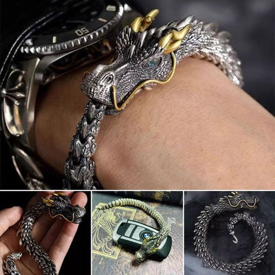 Dragon Head Sterling Silver Bracelet For Fortune And Good Luck