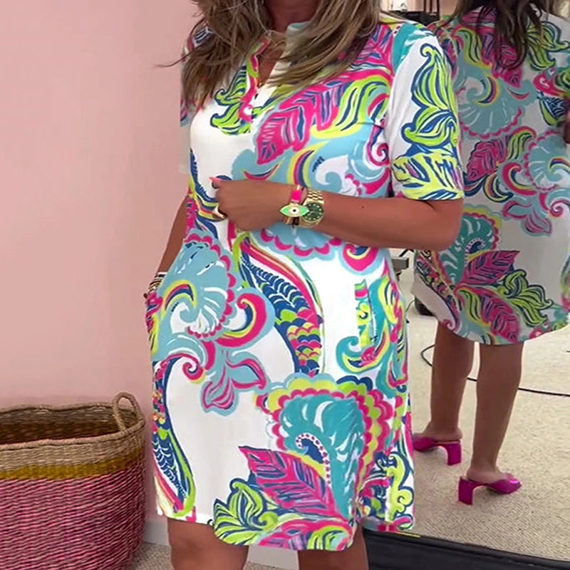 Women Colorful Printed V Neck Dress Stylish Summer Casual Wear