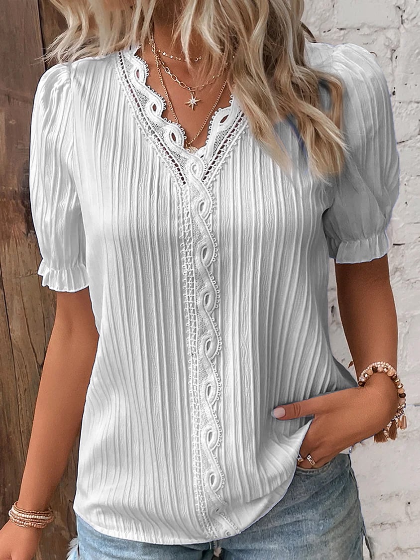 V Neck Lace Shirt Elegant Plain Stylish Women's Top