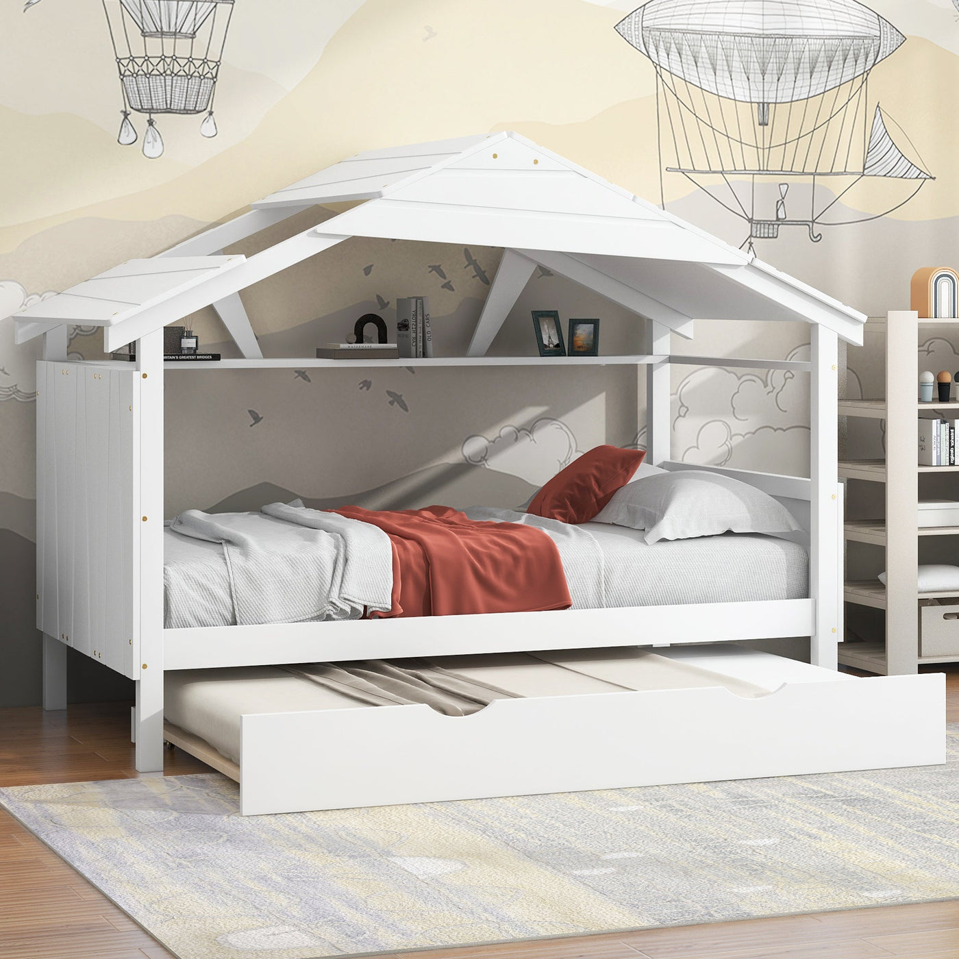 Twin Size Wood House Bed With Trundle And Storage Drawers