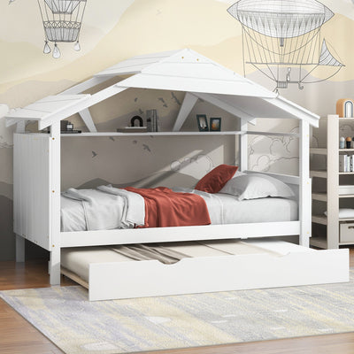 Twin Size Wood House Bed With Trundle And Storage Drawers