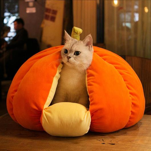 Pumpkin Cat Bed Cozy Soft Plush Cat Cave Bed Pet Nest