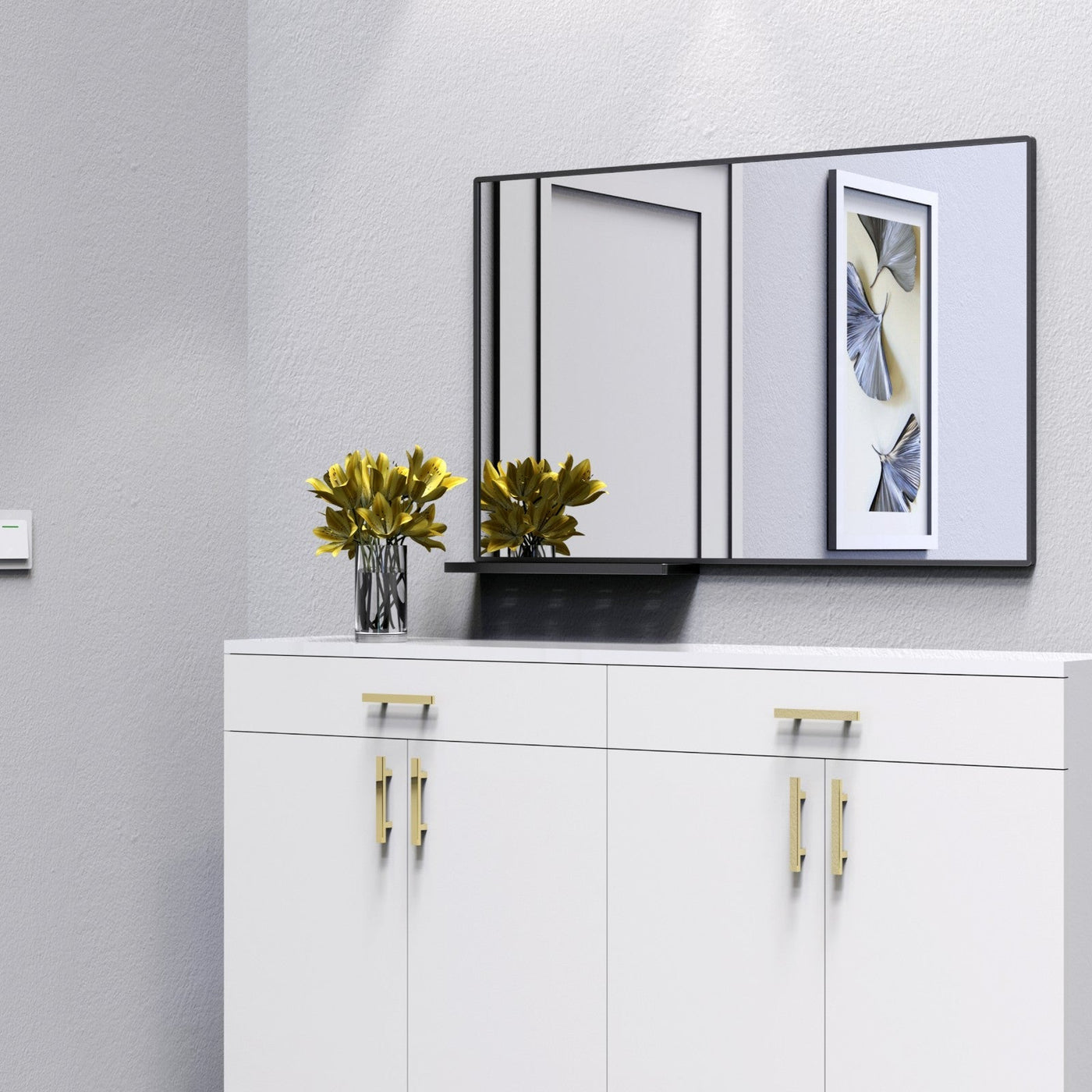 Modern Bathroom Mirror With Storage Rack Black Rectangular Wall Mirror 48x30 Inch