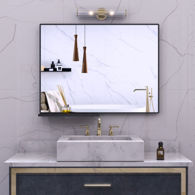 Modern Bathroom Mirror With Storage Rack Black Rectangular Wall Mirror 48x30 Inch