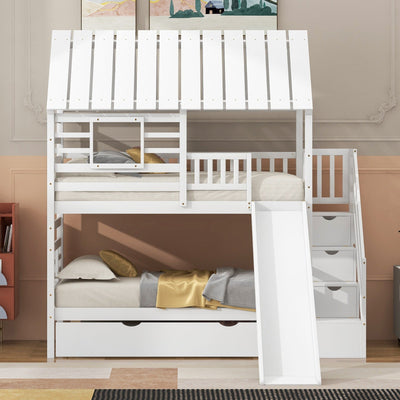 Twin House Bunk Bed With Roof Window Trundle Slide Storage Staircase