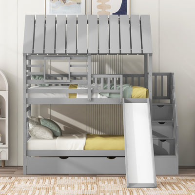 Twin House Bunk Bed With Roof Window Trundle Slide Storage Staircase