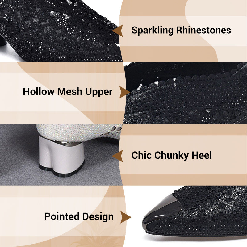 Hollow Mesh Sandals With Rhinestone And Chunky Heel For Women