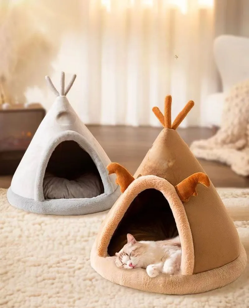 Triangle Pet Tent Bed With Plush Mattress For Dogs And Cats