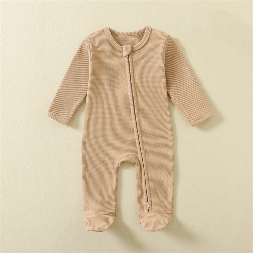 Organic Waffle Cotton Romper With Zipper For Babies