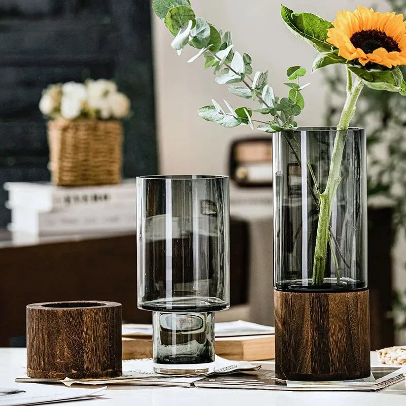 Minimalist Glass Vase With Wooden Base Elegant Hydroponic Planter