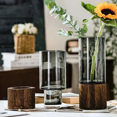 Minimalist Glass Vase With Wooden Base Elegant Hydroponic Planter