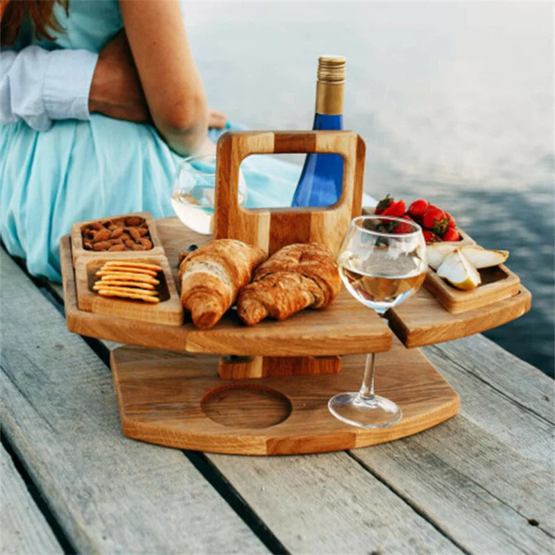 Foldable Wooden Wine Picnic Table Round Outdoor Snack Tray With Holders