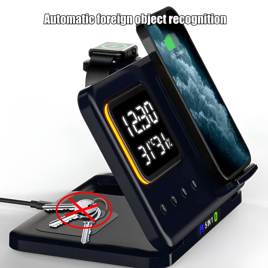 Wireless Charging Station With Digital Clock And USB Ports