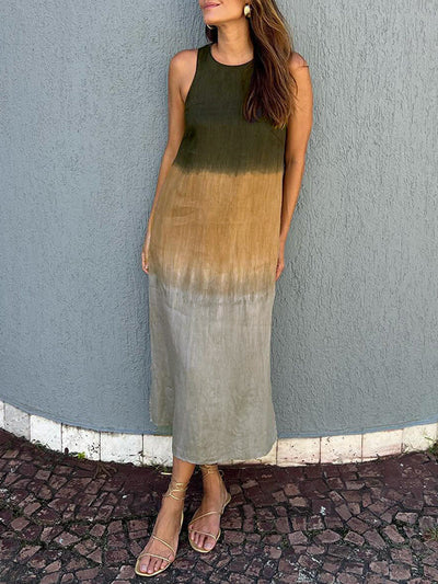 Women's Casual Sleeveless Cotton Linen Dress Long Tie-dye Gradient Slit