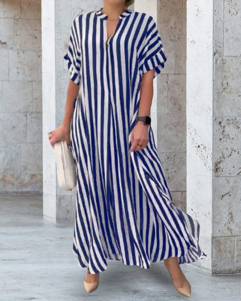 V-neck Shirt Dress Stripe Print Casual Elegant Summer Wear