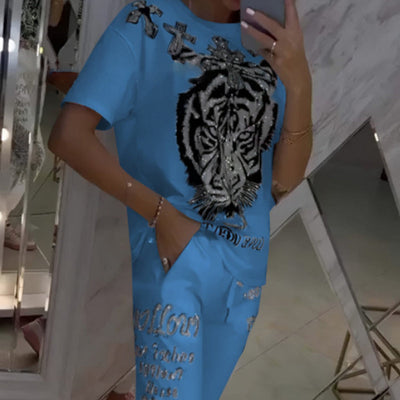 Casual Printed Top Drawstring Pants Set Comfortable 2-Piece Outfit