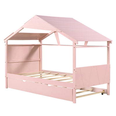 Twin Size Wood House Bed With Trundle And Storage Drawers