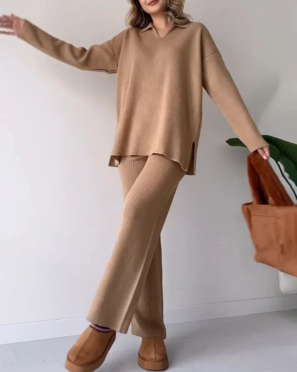 V Neck Casual Slit Knitted Two Piece Set For Women
