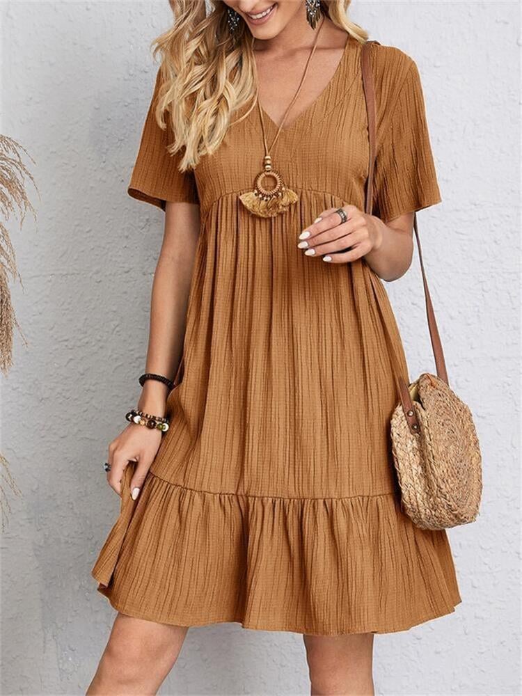 Retro Casual Dress V Neck Loose Fit Comfortable Summer Wear