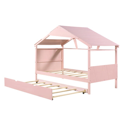 Twin Size Wood House Bed With Trundle And Storage Drawers