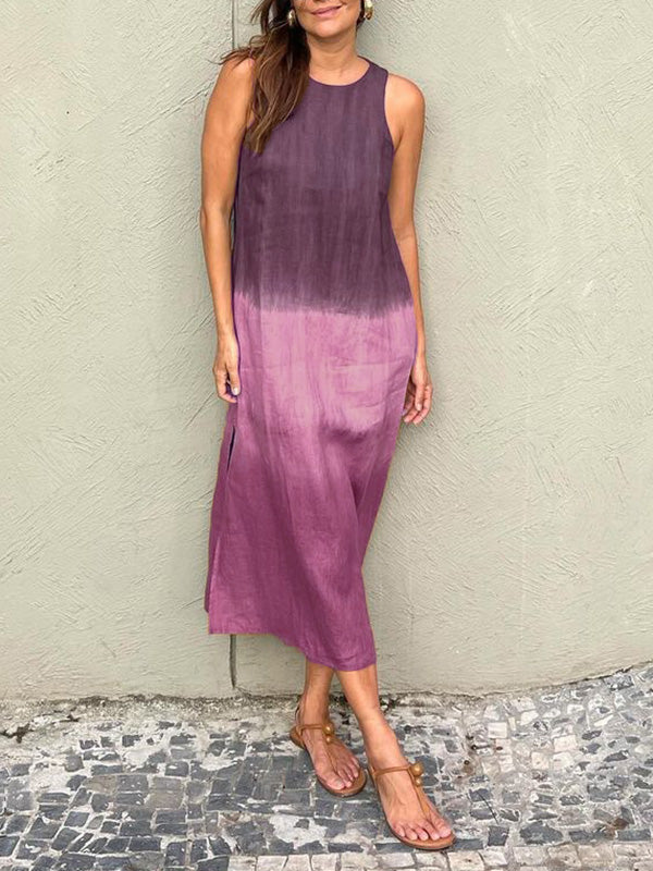 Women's Casual Sleeveless Cotton Linen Dress Long Tie-dye Gradient Slit