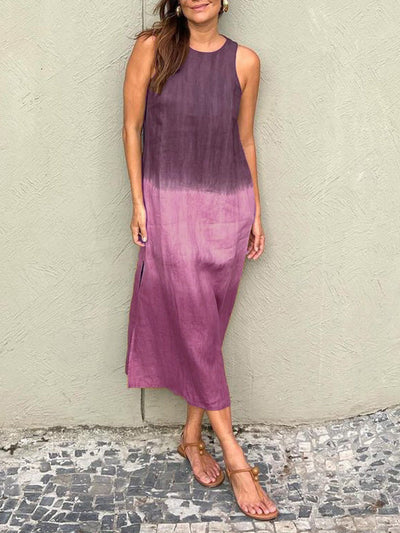 Women's Casual Sleeveless Cotton Linen Dress Long Tie-dye Gradient Slit