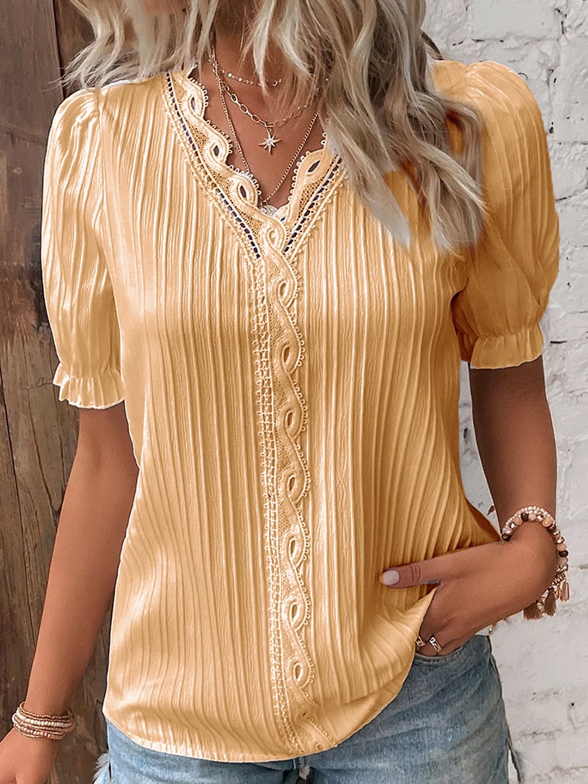 V Neck Lace Shirt Elegant Plain Stylish Women's Top