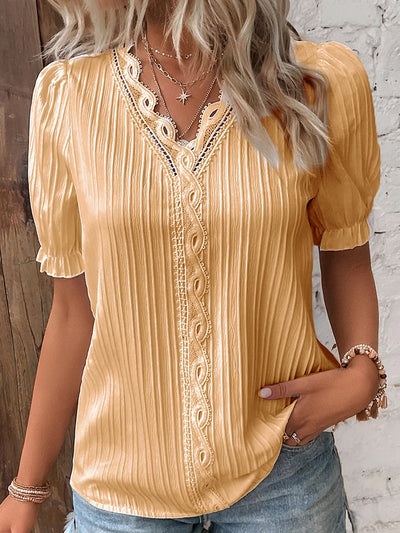 V Neck Lace Shirt Elegant Plain Stylish Women's Top
