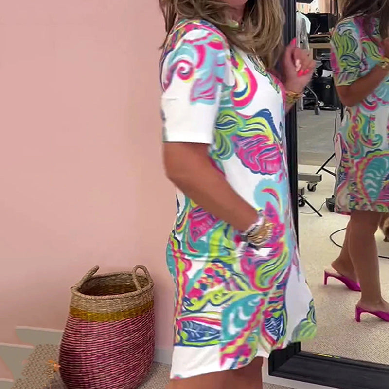 Women Colorful Printed V Neck Dress Stylish Summer Casual Wear