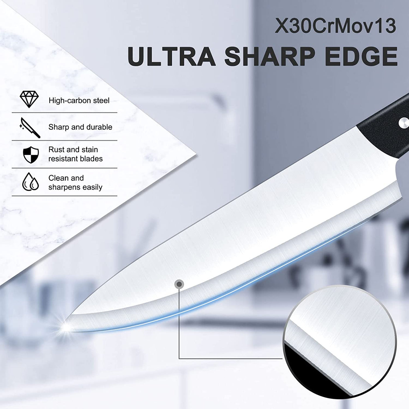 LapEasy 15 Piece Kitchen Knife Set With Pine Block Sharpener