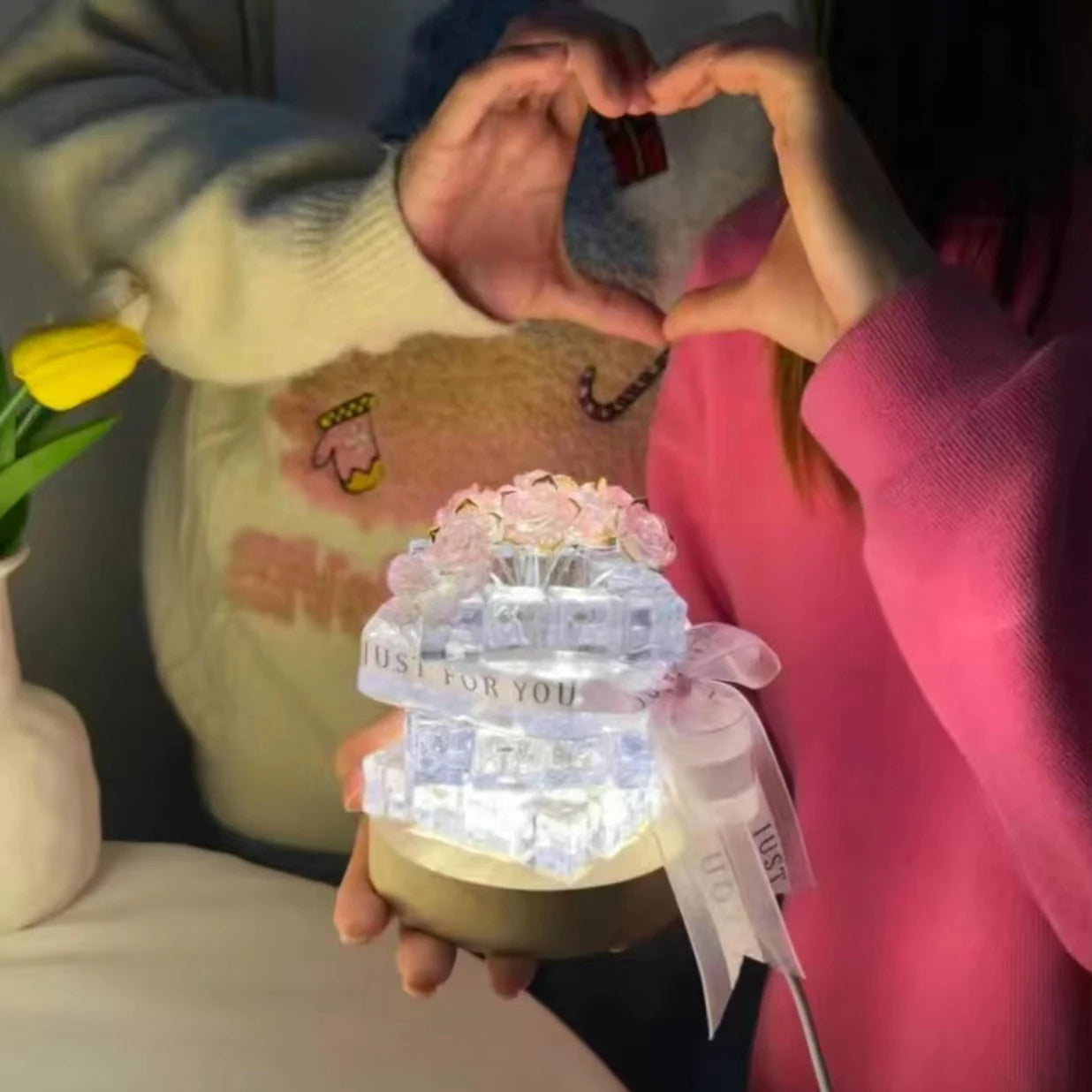 DIY Rose LED Night Light Handmade Tulip Lamp Mirror Decor Gift
