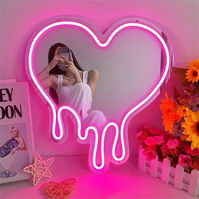 LED Melting Heart Neon Sign Pink Mirror Wall Light Romantic Decor