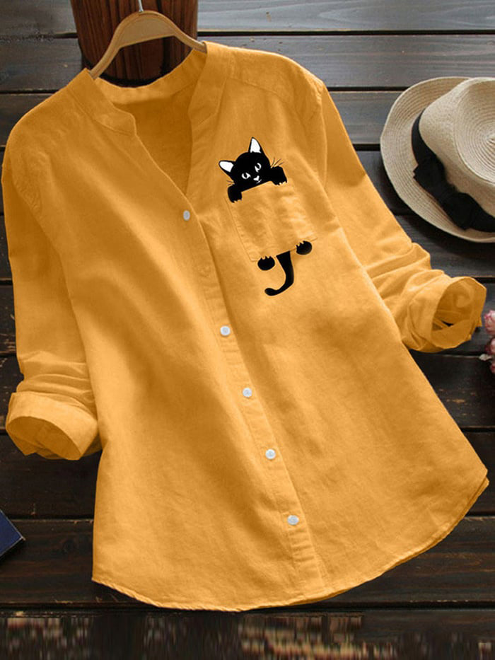 V-neck Long Sleeve Blouse With Cute Cat Print Design